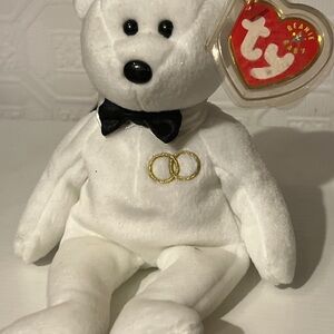 Ty Plush White Mr. Groom Bear with Black Bow Tie